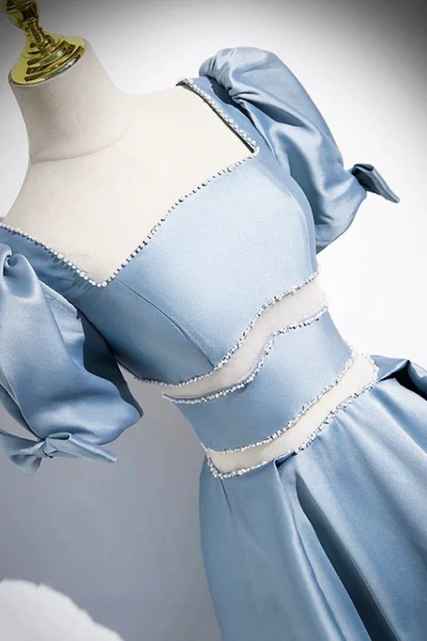 Wholesale Unique Blue Satin Long Prom Dress A-Line Short Sleeve Blue Evening Dress